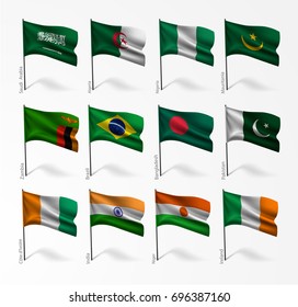 Collection set of flags of world on flagpole