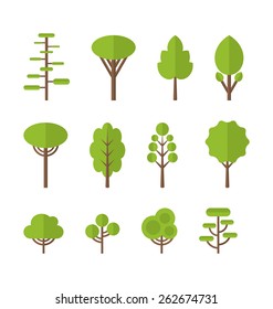Collection set flat icons tree, pine, oak, spruce, fir, garden bush isolated on white - vector