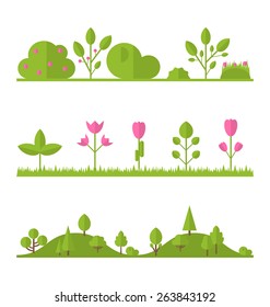 Collection set flat icons tree, pine, oak, spruce, fir, garden bush isolated on white - vector