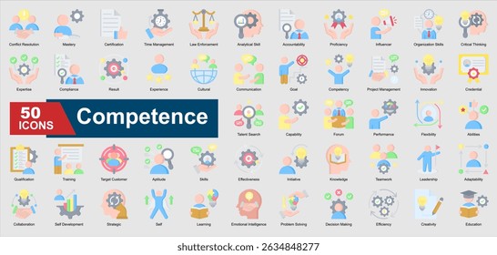 A collection set of flat style Competence icons. Includes expertise, proficiency, leadership, problem solving, training, and more. Perfect for illustration and design.
