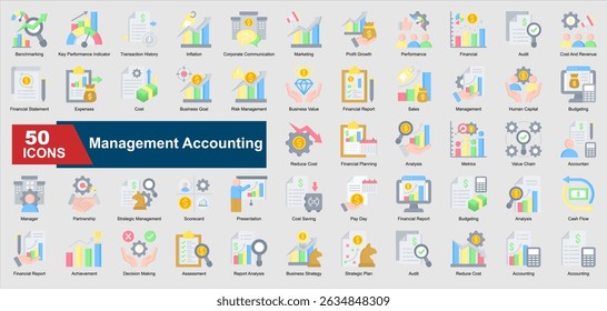 Um conjunto de coleta de ícones simples de Contabilidade de Gerenciamento. Inclui orçamento, relatório financeiro, fluxo de caixa, despesas, auditoria e muito mais. Perfeito para ilustração e design.