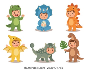 Collection set of flat style vector illustration of cute children wearing dinosaur costumes in colorful playful poses. Perfect for kids, parties, education, games and posters