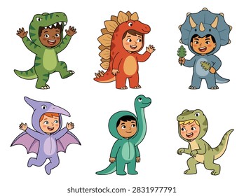 Collection set of flat style vector illustration of cute children wearing dinosaur costumes in colorful playful poses. Perfect for kids, parties, education, games and posters