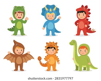Collection set of flat style vector illustration of cute children wearing dinosaur costumes in colorful playful poses. Perfect for kids, parties, education, games and posters