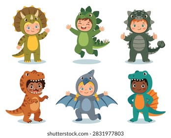 Collection set of flat style vector illustration of cute children wearing dinosaur costumes in colorful playful poses. Perfect for kids, parties, education, games and posters