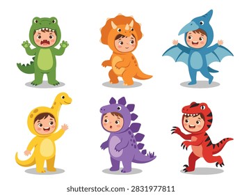 Collection set of flat style vector illustration of cute children wearing dinosaur costumes in colorful playful poses. Perfect for kids, parties, education, games and posters