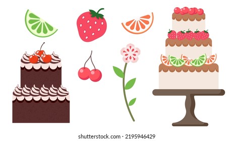 Collection set of food cake with fruit strawberry lemon cherry decoration
