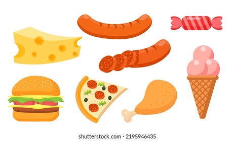 Colección de objetos de comida queso salchicha helado hamburguesa pizza batas de pana 
