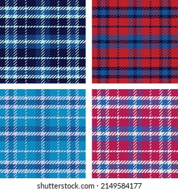 Collection set of four  tartan plaid checkered seamless patterns with texture in blue, red, turquoise and navy blue. For textile, flannel shirt  , jacket and skirts 