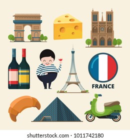 Collection set of france landmarks. Vector icon set in cartoon style. France landmark, tower eiffel, travel and tourism in paris with wine and croissant illustration