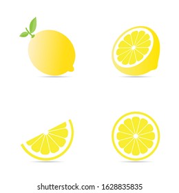 Collection set of fresh lemon with green leaf and half slice pattern isolated on white background.Citrus fruit flat icon.Lemonade.Vector.Illustration.