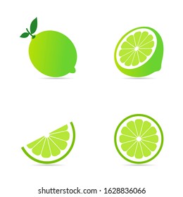 Collection set of fresh lime with green leaf and half slice pattern isolated on white background.Citrus fruit flat icon.Vector.Illustration.