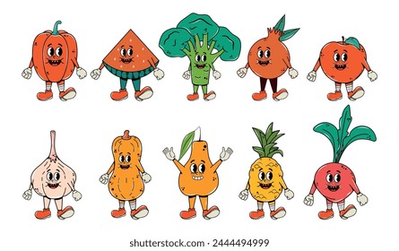 Collection and set of fruits and berries in groovy style. Cartoon characters in retro and vintage style.  Concept made from elements. Hippie 70s, 80s. Psychedelic rave. The food is healthy. Funky face