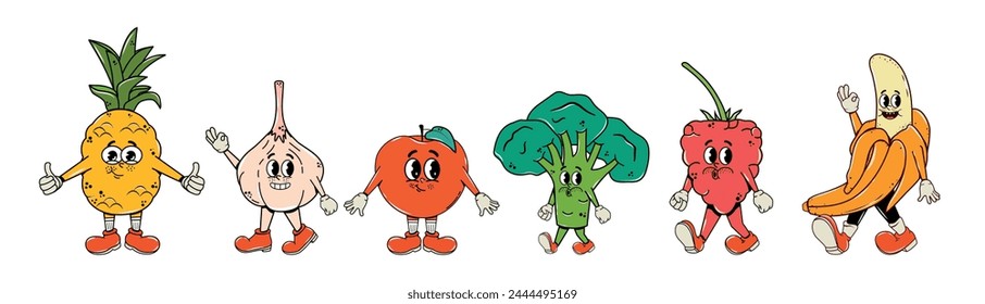 Collection and set of fruits and berries in groovy style. Cartoon characters in retro and vintage style. Vector illustration. Isolated. Concept made from elements. Hippie 70s, 80s. Psychedelic rave. 