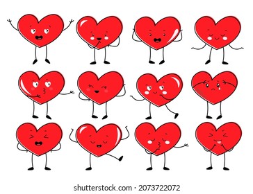 A collection, a set of funny loving hearts with faces and different emotions. Cute Valentine's Day symbols. Vector graphics.