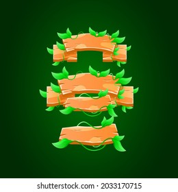 collection set of funny wooden with branch leaf banner board template for game ui asset elements