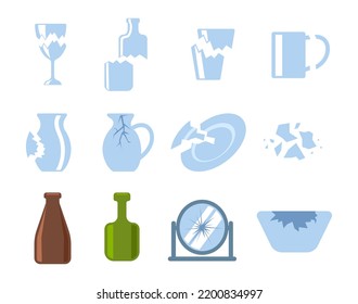 Collection set garbage glass. broken object recycle. Vector illustration flat cartoon design.