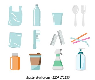 Collection set garbage plastic. Used and recycle for reused. Vector illustration flat cartoon design.