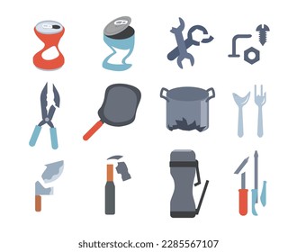 Collection set garbage waste and broken metal. Separating and recycling objects. Vector illustration flat cartoon design.