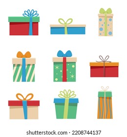 Collection set of Gift boxes. Christmas Present box. Vector illustration cartoon flat design.