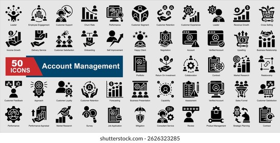 A collection set of glyph Account Management icons. Includes customer retention, negotiation, portfolio, sales funnel, collaboration, and more. Perfect for illustration and design.