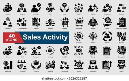 A collection set of glyph Sales Activity icons. Includes conversion, leads, trust, closing, follow-up, and more. Perfect for illustration and design.