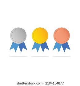 Collection Set Of Gold Silver Bronze Award Medal With Blue Ribbon Clip Art Vector Colored Isolated On White Background. 
Template Flat Icon Vector Style For Web, Apps, Or Business EPS10 Editable.