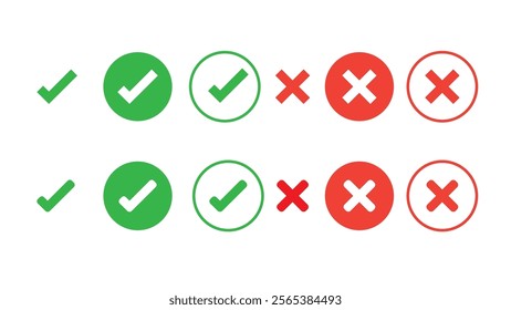 Collection set of green check mark and Red Cross mark for approve tick correct and reject wrong sign symbol concept , create by vector illustration and eps file.