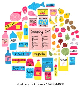 Collection set grocery stuff  Shopping list  Isolated white background  Colorful packed food  Meat fish bread  milk  fruits  vegetables  flour  honey vine coffee cheese  Hand drawn doodle vector