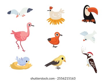 Collection, set, group portraits of different birds. Variety of birds in nature. Domestic and wild birds painted in a childish children's primitive cartoon style. Bird incubates the eggs in the nest. 