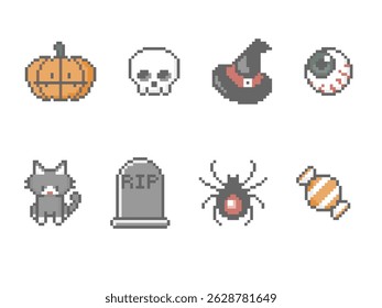 collection set of halloween 8bit pixel art, flat icon design vector illustration