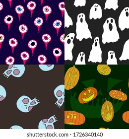 Collection set of halloween backgrounds. Seamless pattern with eyes torn out, ghosts, skulls and evil pumpkin. Spooky backdrop design for party invitation, card, textille. Stock vector illustration.