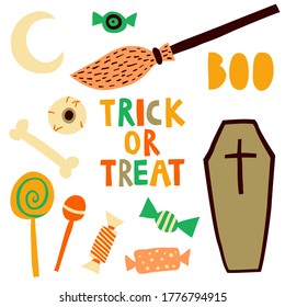 Collection set of halloween elements isolated on white background. Broom, candys, eyeball, moon, coffin, bone, lettering. Trick or treat multicolor sign. Flat style drawing. Stock vector illustration.