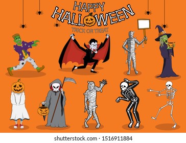 collection set of halloween monster costume. character design with simple color and easily editable layers