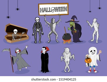 collection set of halloween monster costume. character design with simple color and easily editable layers