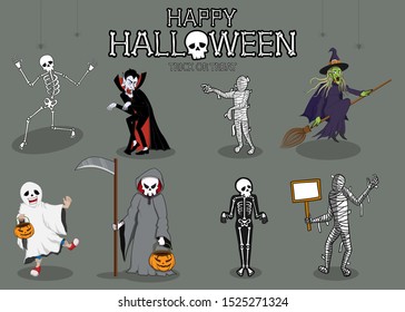 collection set of halloween monster costume. character design with simple color and easily editable layers