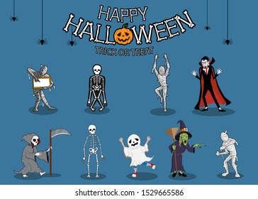 collection set of halloween monster costume. character design with simple color and easily editable layers