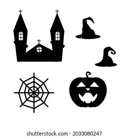 Collection Set Of Halloween silhouette Illustration Icon. House, Witch Hat, Spider Webs, Pumpkin. 