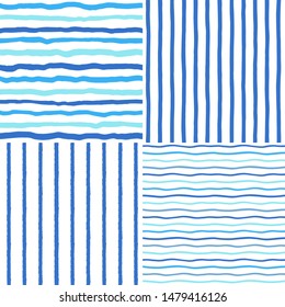 Collection, set of hand brush drawn striped seamless patterns, navy color textures. Crooked doodle blue sailor vest stripes, wavy uneven streaks, sea river water waves, bars marine naval backgrounds.