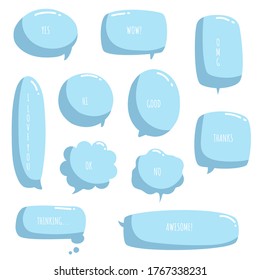 conjunto de colecciones borde del marco de dibujo manual, globo de burbuja de voz en blanco, color azul, pensar, hablar, hablar, cuadro de texto, pancarta, plano, diseño, ilustración vectorial