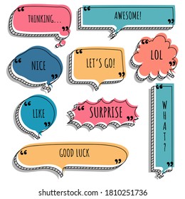 collection set of hand drawing frame border, blank speech bubble balloon with quotation marks, think, speak, talk, text box, banner, flat, design, vector illustration