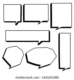 collection set of hand drawn 3D speech bubble balloon, think, speak, talk, text box banner, black and white color, flat design vector illustration