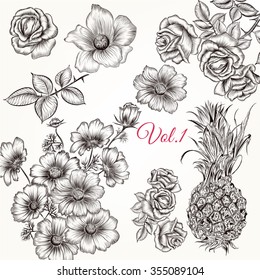 Collection or set of hand drawn beautiful flowers in engraved style