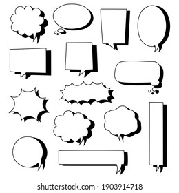 collection set of hand drawn blank speech bubble balloon, think, speak, talk, text box banner with shadow, black and white color, flat design vector illustration