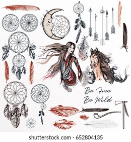 collection or set of hand drawn bo-ho style elements feathers  arrows and others