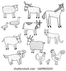 Collection set of hand drawn farm animals isolated on white background. Goat, sheep, donkey, horse, cow, pig, goose, rooster, chicken. Doodle style. Vector stock illustration.