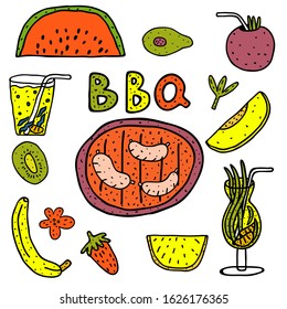 Collection set of hand drawn fruits, vegetables  cocktails, sausages and a lettering "BBQ". Barbecue food isolated on white background. Colored design for poster, card. Vector illustration.