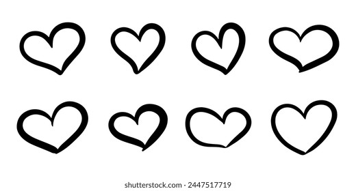 Collection set of hand drawn hearts shapes isolated on white background. Doodle vector love illustration, design for Valentine's day card. Web icon, symbol, sign. Romantic wedding invitation