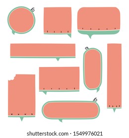collection set of hand drawn line frame border, blank speech bubble balloon watermelon circle and square shape, pastel color, think, speak, talk, text box, banner, flat design vector illustration