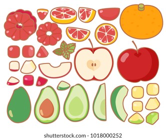 Collection Set Of Hand Drawn  Menu, Healthy Food Diet, Fruit Salad, Fresh Vegetable Salad, Slices Fruit, Lovely Apple, Cute Orange, Kawaii Avocado, Sweet Grapefruit, Isolated On White - Vector File